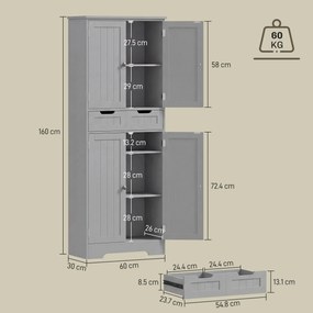 HOMCOM Mobilier de baie cu sertar, dulap cu uși, raft reglabil, 60 x 30 x 160 cm, gri | Aosom Romania