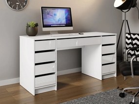 BIA8 - Birou 154 cm, masa de calculator cu 9 sertare, office - Alb / Negru / Crem / Alb Lucios / Gri / Culoarea Stejar