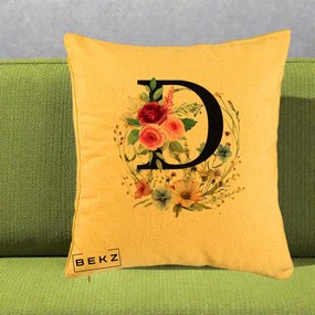Cadou Personalizat - Perna Personalizata Monogram Litera D cu Flori Acuarela, 40x40 cm, Galben, Husa Detasabila, Perna Inclusa, BEKZ®