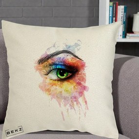 Perna Decorativa Ochi Verde Acuarela, 40x40 cm, Ecru, Husa Detasabila, Perna Inclusa, BEKZ®