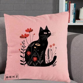 Perna Decorativa Pisica Neagra Flori Rosii Folk, 40x40 cm, Roz, Husa Detasabila, Perna Inclusa, BEKZ®