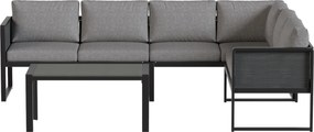 Outsunny Set canapea colțar de grădină din metal, 3 fotolii, măsuță cu efect lemn, gri închis | Aosom Romania