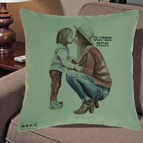 Cadou pentru Mama - Perna Personalizata Super Mom Acuarela, 40x40 cm, Verde, Husa Detasabila, Perna Inclusa, BEKZ®