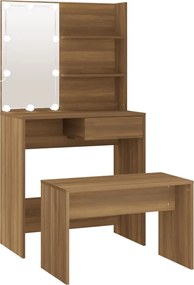 vidaXL Set de masă de toaletă cu LED, stejar maro, lemn prelucrat