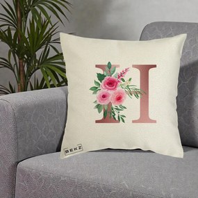 Cadou Personalizat - Perna Personalizata Monograma Rose Gold Litera H, 40x40 cm, Ecru, Husa Detasabila, Perna Inclusa, BEKZ®
