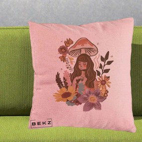 Perna Decorativa Fata Ciuperca Boho Florala, 40x40 cm, Roz, Husa Detasabila, Perna Inclusa, BEKZ®
