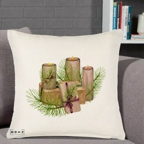 Perna Decorativa Lumanari cu Cadouri Naturale, 40x40 cm, Crem Reliefat, Husa Detasabila, Perna Inclusa, BEKZ®