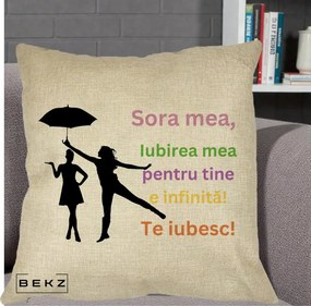 Cadou pentru Sora - Perna Personalizata Sora Mea Te Iubesc Siluete Colorate Umbrela, 40x40 cm, Crem, Husa Detasabila, Perna Inclusa, BEKZ®