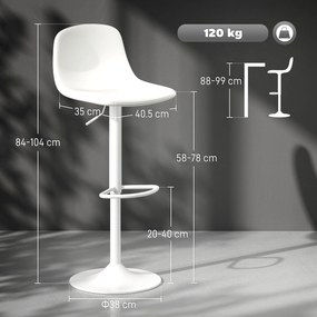 HOMCOM Set 2 Scaune de Bar cu Spătar și Suport pentru Picioare, Înălțime Reglabilă, Piele Ecologică PU, Alb | Aosom Romania