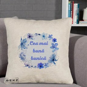 Cadou pentru Bunica - Perna Personalizata Cea Mai Buna Bunica Coronita Flori Albastre Acuarela, 40x40 cm, Bej Canapea, Husa Detasabila, Perna Inclusa, BEKZ®
