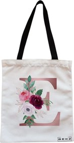 Sacosa de Panza pentru Cumparaturi, Geanta Tote, Cu litera E Rose Gold si Trandafiri, Cu fermoar, 38x34.5 cm, Alba, BEKZ®