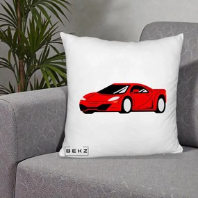 Perna Personalizata Masina Sport Rosie Grafic, 40x40 cm, Alb Pufos, Husa Detasabila, Perna Inclusa, BEKZ®