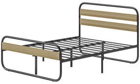 HOMCOM Pat dublu 140 x 190 cm, cadru de pat din oțel stil industrial, tăblie și somier incluse, aspect lemn | Aosom Romania