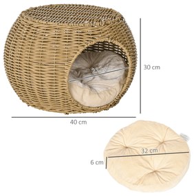 PawHut Niche coș casă pentru pisici 2 etaje din rășină împletită aspect răchită cu 1 pernă moale Ø 40 x 30 cm maro deschis | Aosom Romania