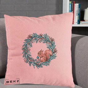 Perna Decorativa Coroana Turcoaz cu Veverita, 40x40 cm, Roz, Husa Detasabila, Perna Inclusa, BEKZ®