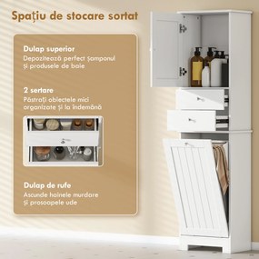HOMCOM Dulap Baie Înalt și Îngust cu Coș pentru Rufe Înclinabil, Culoare Alb. | Aosom Romania