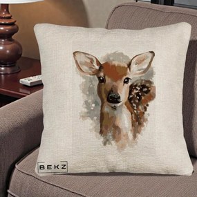 Perna Decorativa Caprioara Pui Acuarela, 40x40 cm, Bej Canapea, Husa Detasabila, Perna Inclusa, BEKZ®