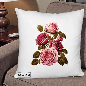 Perna Decorativa Trandafiri Vintage Roz-Rosii, 40x40 cm, Alb Pufos, Husa Detasabila, Perna Inclusa, BEKZ®