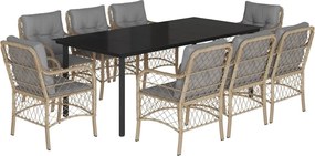 vidaXL Set de masă pentru grădină, 9 piese, cu perne, bej, poliratan
