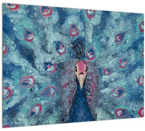 Tablou pe sticlă cu păun pictat (70x50 cm)
