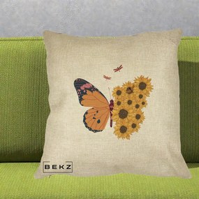Perna Decorativa Fluture Floarea-Soarelui, 40x40 cm, Crem, Husa Detasabila, Perna Inclusa, BEKZ®