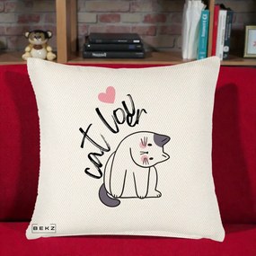 Perna Personalizata Cat Lover Pisica Ilustratie Linie, 40x40 cm, Crem Reliefat, Husa Detasabila, Perna Inclusa, BEKZ®
