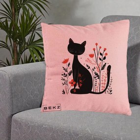 Perna Decorativa Pisica Neagra Flori Rosii Folk Minimal, 40x40 cm, Roz, Husa Detasabila, Perna Inclusa, BEKZ®