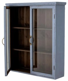 Vitrina albastra, din lemn cu aspect vintage, 3 rafturi, Hazem