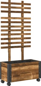 Outsunny Jardiniera cu Spalier pentru Plante Agatatoare si Roti, Jardiniera din Lemn de Brad cu Design Autodrenant, 65x31x147 cm, Maro Carbonizat