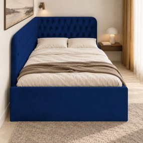 Pat tapițat pentru copii din catifea Elyra 140×200 cm, bleumarin, colț stânga, cu ladă de depozitare