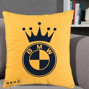 Perna Personalizata cu emblema BMW si Coroana, 40x40 cm, Galben, Husa Detasabila, Perna Inclusa, BEKZ®