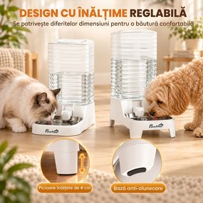 PawHut distribuitor automat de apă cu gravitație 8 L pentru pisici și câini, cu bol din inox, alb | Aosom Romania