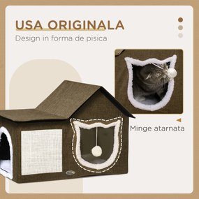 Casa Apartament pentru Pisici cu Pernuta de Zgariat, Perna Moale, Doua usi, 65x41x45,5cm Maro, Alb Crem PawHut | Aosom RO