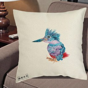 Perna Decorativa Pasare Martin Pescar Acuarela Albastru-Mov, 40x40 cm, Ecru, Husa Detasabila, Perna Inclusa, BEKZ®