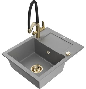 Mexen Enzo chiuvetă de granit cu un compartiment, cu picurător și baterie de bucătărie Duo, Gri - 6506-71-671701-57-G