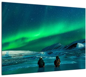 Tablou pe sticlă cu oameni la Aurora borealis (70x50 cm)