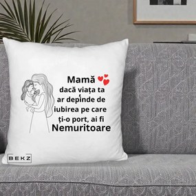 Cadou pentru Mama - Perna Personalizata Mama Nemuritoare cu Copilul in Poala, 40x40 cm, Alb Pufos, Husa Detasabila, Perna Inclusa, BEKZ®