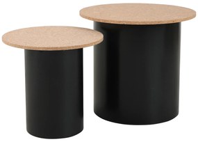 Set de 2 masute laterale rotunde din MDF si pluta cu picioare din pin negru