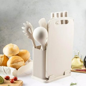 Set cutite si ustensile Klausberg KB 7935, Tocator si suport, 12 piese, Bej