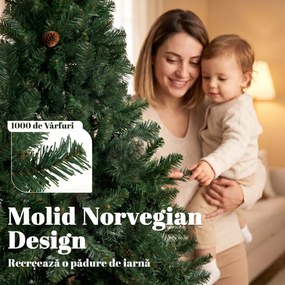 HOMCOM Brad de Crăciun Artificial 200 cm cu 1000 Ramuri și Bază Pliabilă, Verde | Aosom Romania