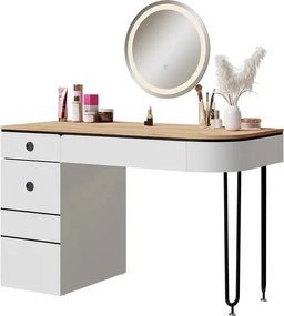 Masuta machiaj cu Oglinda LED si 2 Sertare pentru Cosmetice, Set Masa toaleta 120 cm, Alb, masuta cosmetica, vanity - SEA808