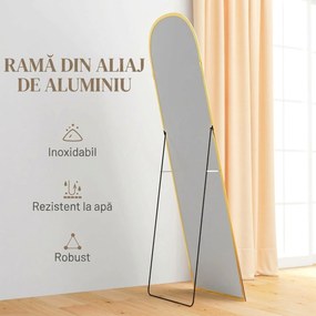 HOMCOM Oglindă de Podea și Perete cu Suport Pliabil, 50x161.5cm, Auriu | Aosom Romania