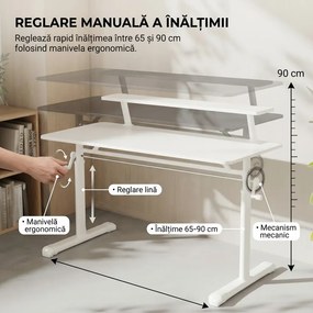 RESIGILAT- ERGOLEV WX-007 – Birou Reglabil Manual cu Înălțime Ajustabilă 65–90 cm, Blat Monobloc din PAL de Înaltă Densitate 15 mm, Cadru Metalic din Oțel, Raft Superior Integrat, 100x60 cm, Alb