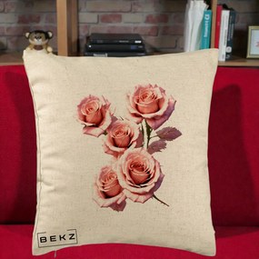 Perna Decorativa Trandafiri Roz Pastel Acuarela, 40x40 cm, Bej, Husa Detasabila, Perna Inclusa, BEKZ®