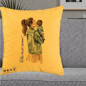 Cadou pentru Mama - Perna Personalizata The Best Mom Jachete, 40x40 cm, Galben, Husa Detasabila, Perna Inclusa, BEKZ®