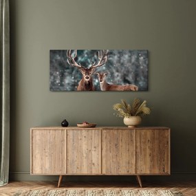 Tablou - Cerb și căprioare în pădurea înzăpezită (120x50 cm)