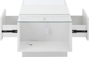 Masă de cafea cu spațiu de depozitare, iluminare ambientală LED, blat din sticlă și 2 sertare, 105x50x35 cm, Alb