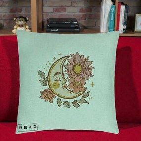 Perna Personalizata Luna Boho Chip Floral, 40x40 cm, Verde Menta, Husa Detasabila, Perna Inclusa, BEKZ®