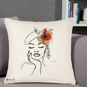 Perna Decorativa Portret Feminin Flori Palarie, 40x40 cm, Crem Reliefat, Husa Detasabila, Perna Inclusa, BEKZ®