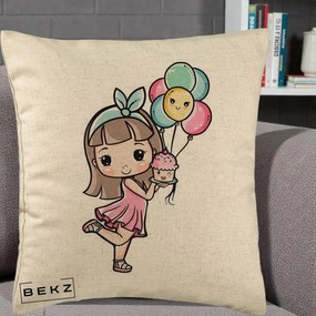 Perna Decorativa Fetita Kawaii cu Baloane si Cupcake, 40x40 cm, Bej, Husa Detasabila, Perna Inclusa, BEKZ®